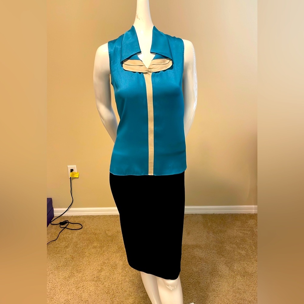 Elie Tahari Silk Colorblock Statement Blouse High Collar Luxury Workwear S NWT